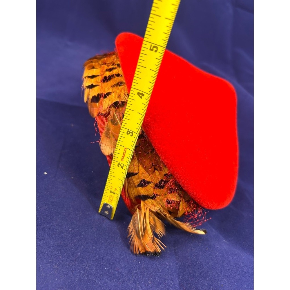 Vintage 50s Red Tilt Hat Feather Cocktail Fascinator Wool Felt Headpiece - Picture 10 of 10